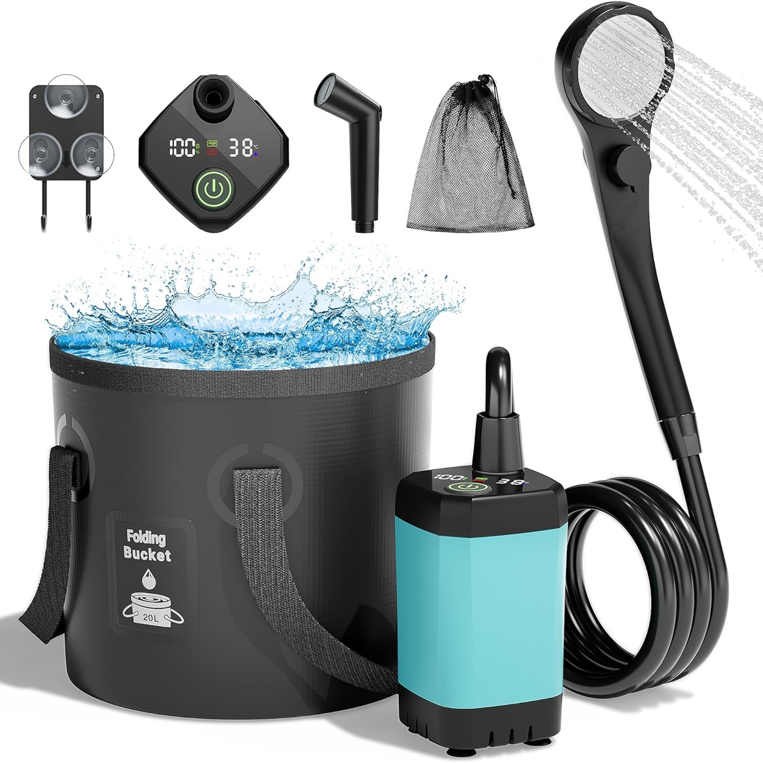 Rechargeable Camp Shower With Collapsible Bucket